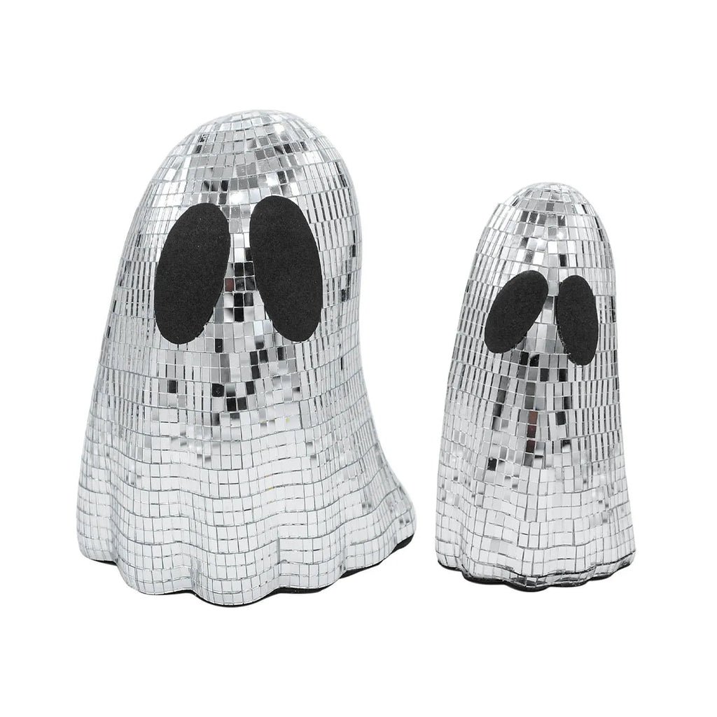 Silver Halloween ghost decoration with mosaic mirror patches on embroidered glass