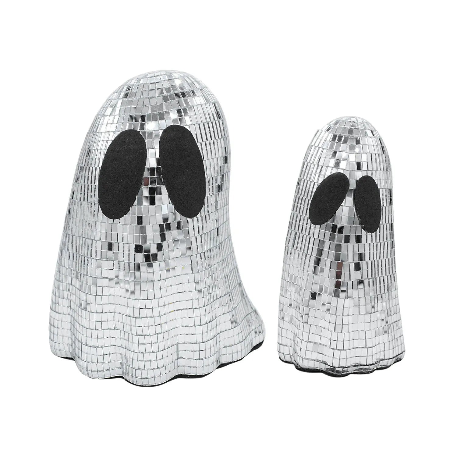 Silver Halloween ghost decoration with mosaic mirror patches on embroidered glass
