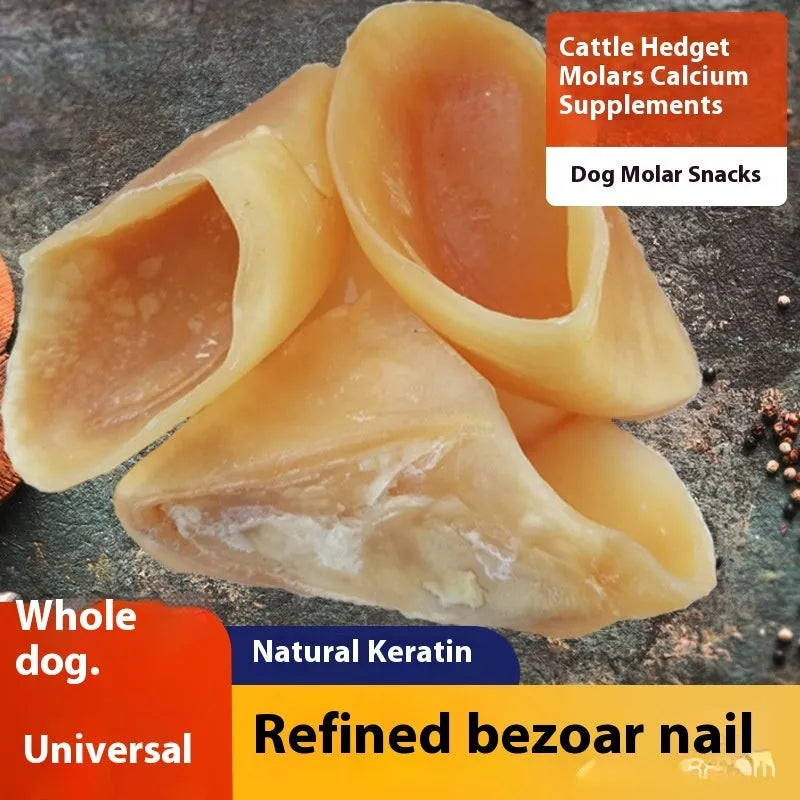 Natural cowhide dog chew rod in hoof shell colour, shown in small and large sizes for different dog breeds