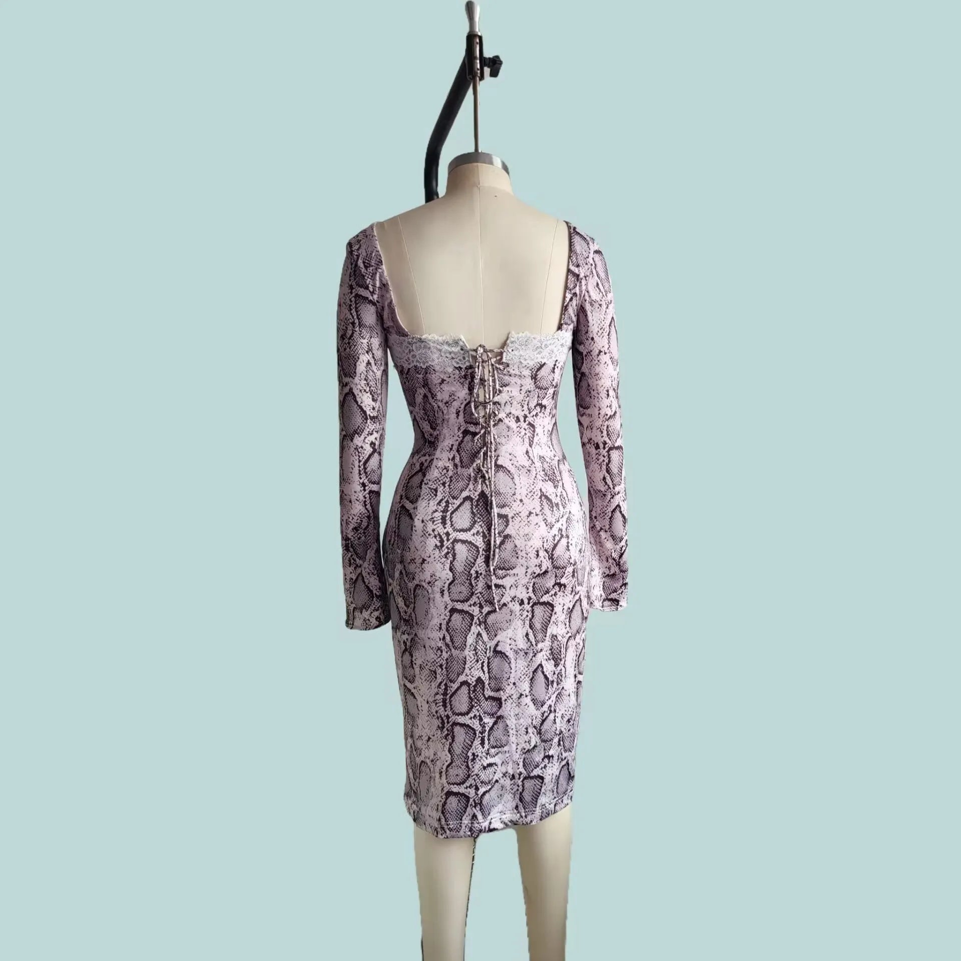 Grey slim fit lace dress with digital 3D printed pattern and A-line skirt silhouette