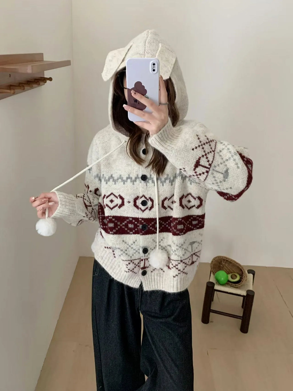 Plus size women's loose fit geometric brocade sweater coat in acrylic, colour options Milky White and Grey.