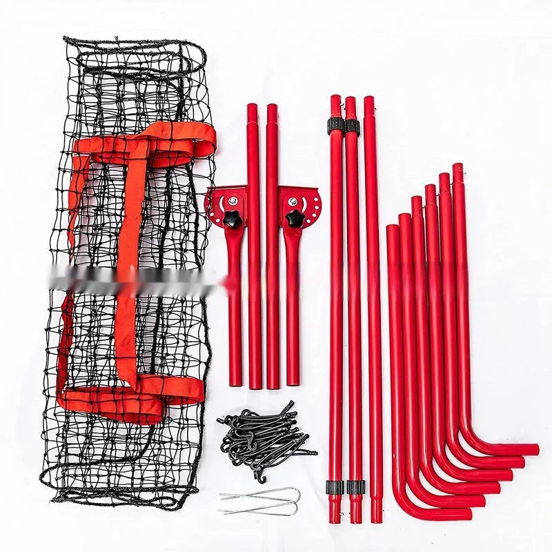 Red adjustable baseball training net with metal frame showing 4x6 feet dimensions