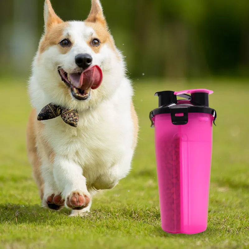 Portable 2-in-1 pet water cup in white, with 350ml water bottle and food container, 23cm height, PP material