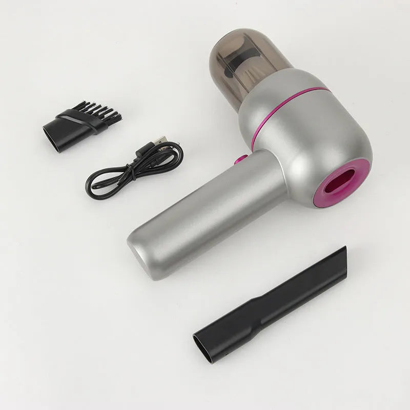 XC-06 grey portable handheld car vacuum cleaner with accessories including brush nozzle and extended nozzle