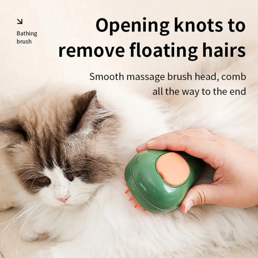 Green and white rechargeable cat steam brush with silicone bristles and water spray nozzle.