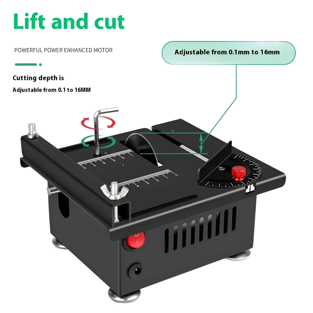 Compact lithium-ion cordless micro desktop saw with metal housing on a workbench.