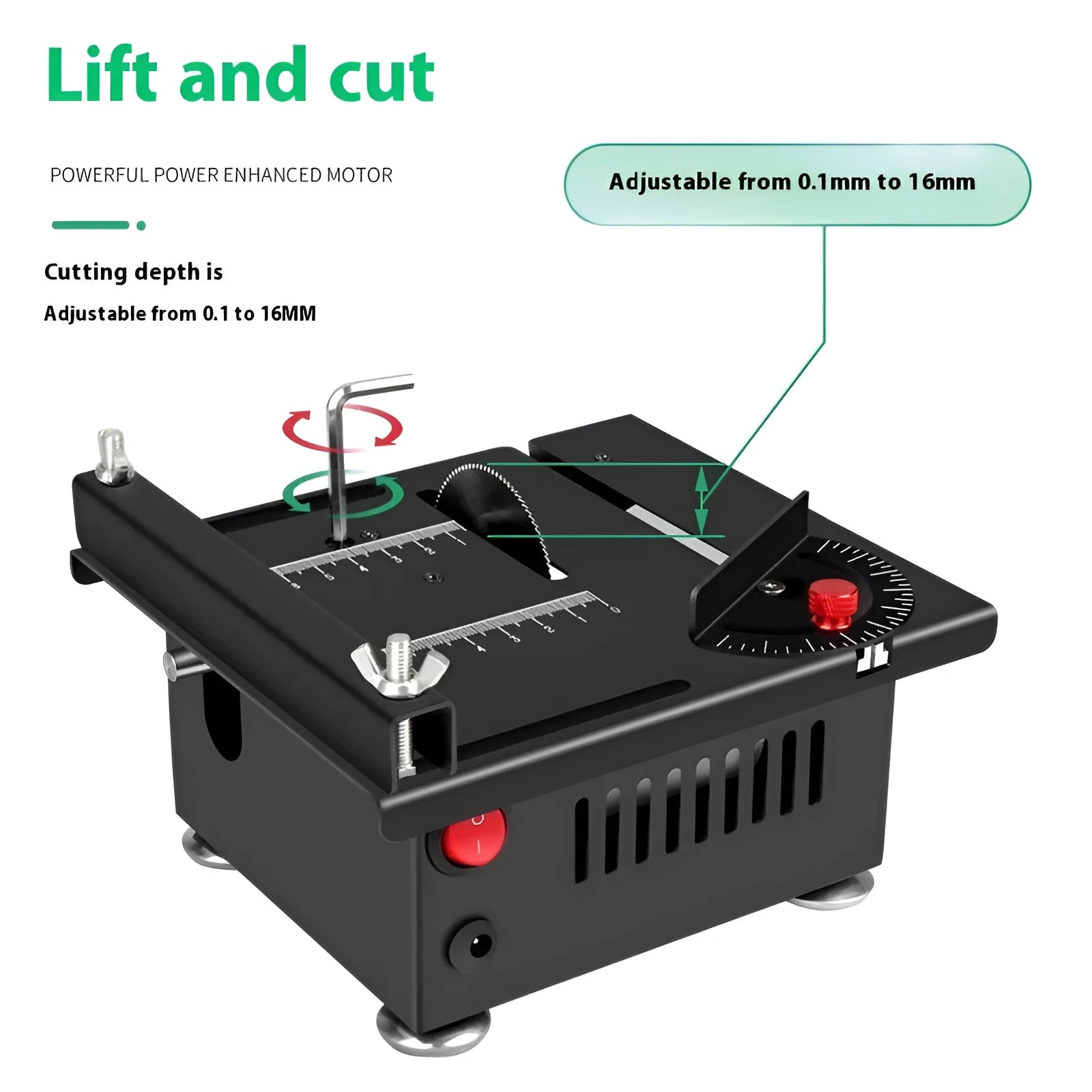 Compact lithium-ion cordless micro desktop saw with metal housing on a workbench.