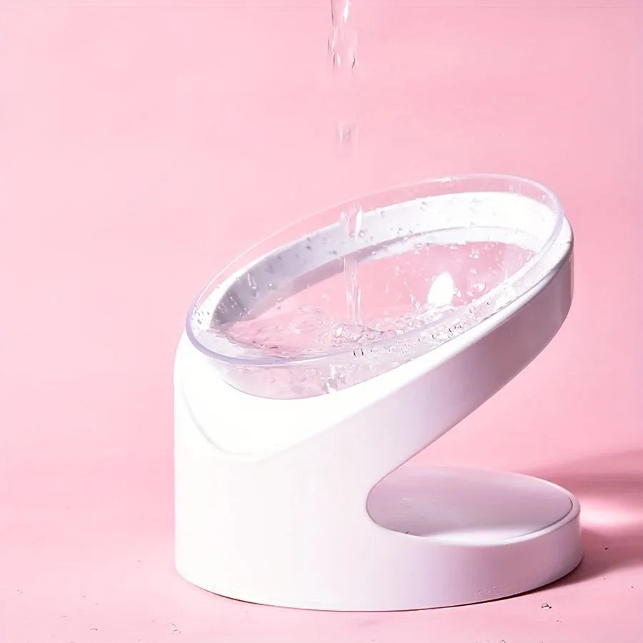 Clear white elevated cat food bowl with ergonomic tilt design for neck protection