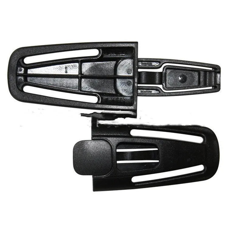Black nylon seat belt clip for child car seat harnesses, shown at 14.5 cm long.
