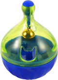 Blue pet treat dispenser tumbler toy for dogs and cats with interactive food puzzle design