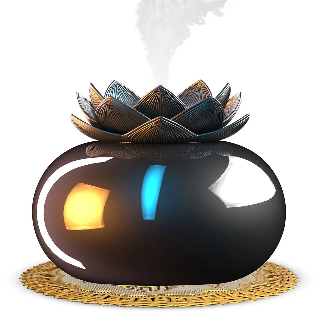 Pure black round Lotus ultrasonic humidifier with USB cable and ceramic base
