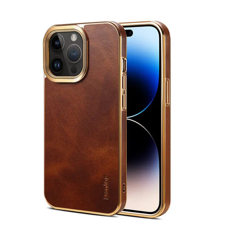 Handmade leather iPhone case in vintage oil wax leather showing slim profile and precise button cutouts