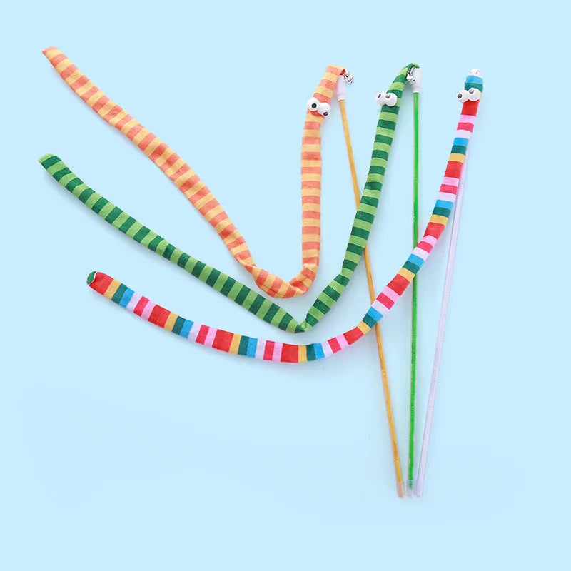 Colourful cat teaser wand with a long plush strip and bell on a polycarbonate pole.