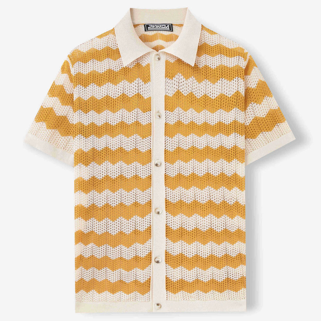 Yellow, blue, and brown short-sleeve sweater with hollow jacquard corrugated texture and flocking detail.