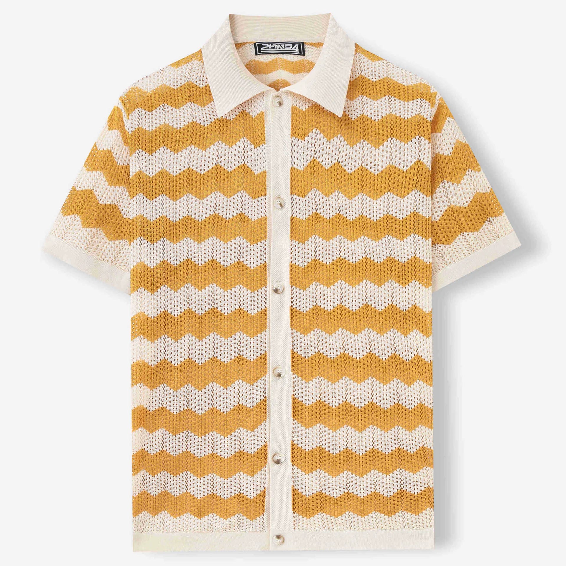 Yellow, blue, and brown short-sleeve sweater with hollow jacquard corrugated texture and flocking detail.