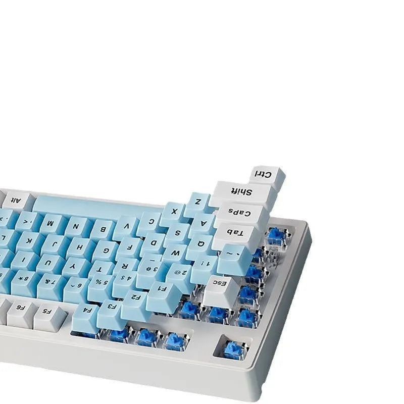 Office Game wireless mechanical keyboard showing three connectivity modes and available colour options