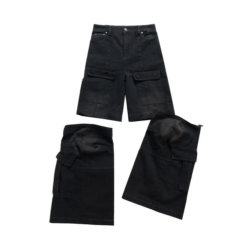 Cotton detachable washed-out multi-pocket overalls for teenagers, black, front view