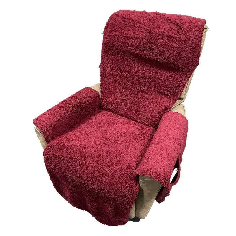 Polyester sofa cushion slipcover in lamb wool beige colour on a sofa, showing universal fit.