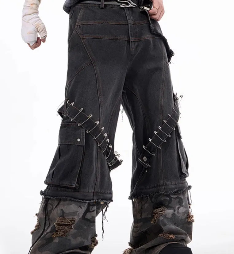 Men's grey jeans with camouflage pattern and ribbed fabric panelling detail, long leg