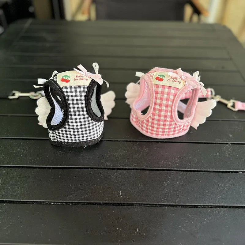 Cotton chest-back dog harness with hand holding rope for small dogs in pink colour