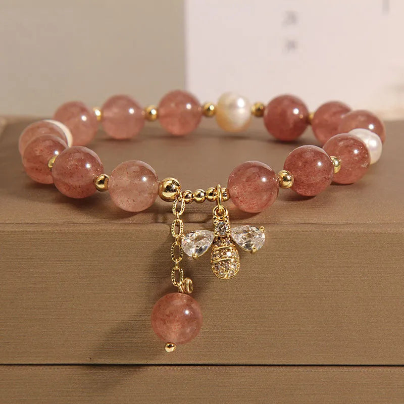 Women's strawberry quartz and freshwater pearl bracelet with bee charm and zircon accents