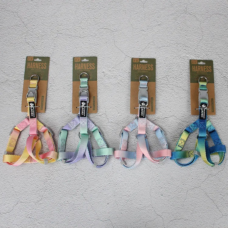 Gradient colour nylon dog leash shown in pink and yellow, configured as a chest strap harness.