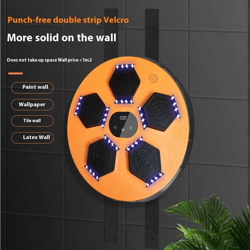 Smart music boxing machine hanging on wall with black PU surface and gloves