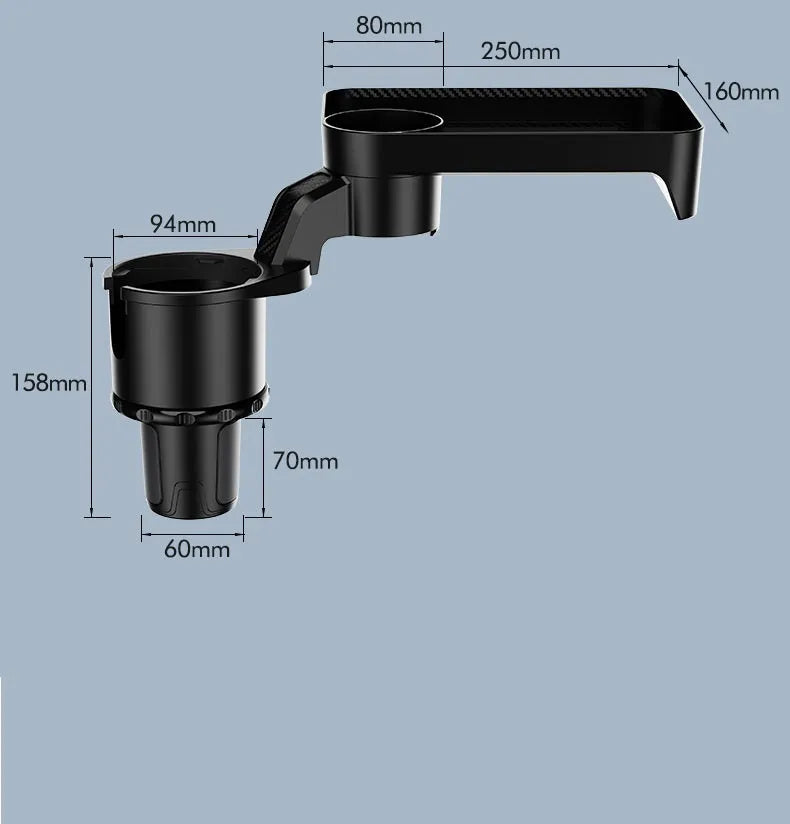 Black ABS plastic car-mounted rotating dinner tray holder attached to vehicle cup holder