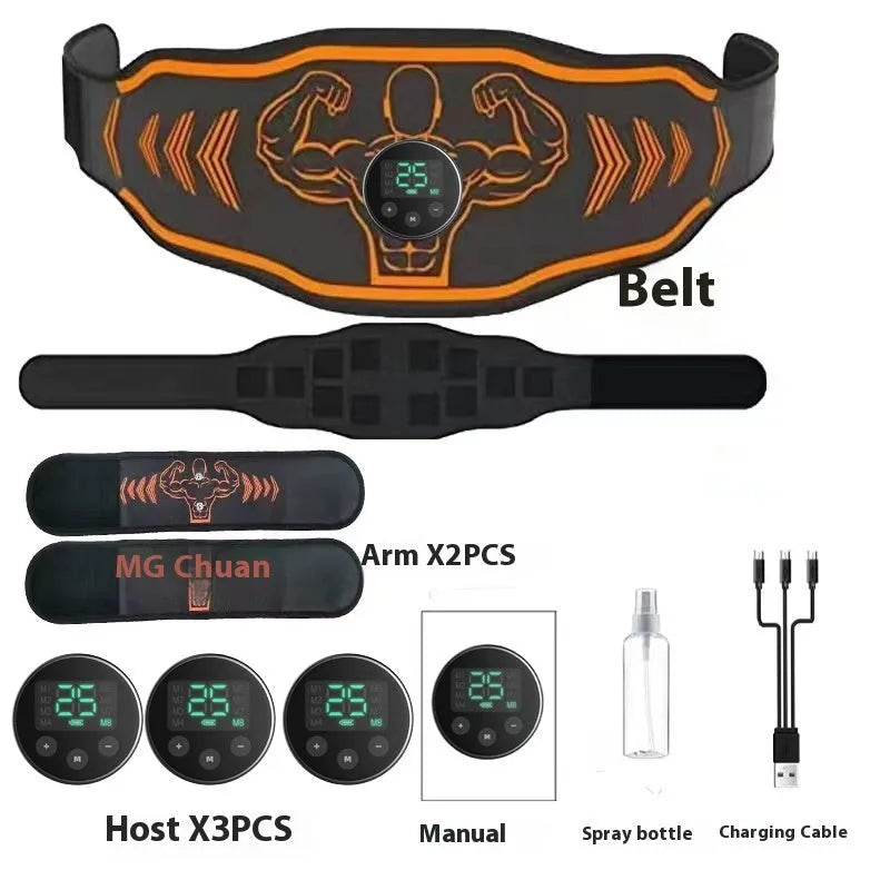 Smart EMS massage belt fitness equipment with rechargeable battery in orange and blue colour options