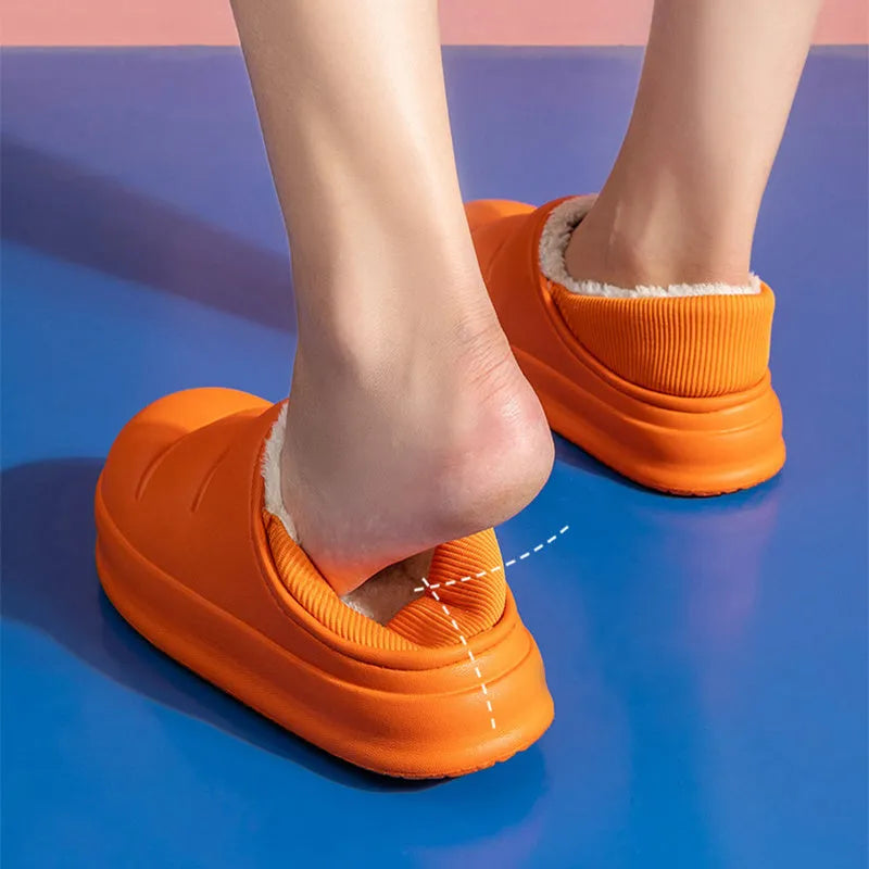 Waterproof couple cotton slippers with EVA sole in yellow, green, black, grey, pink, or orange colours