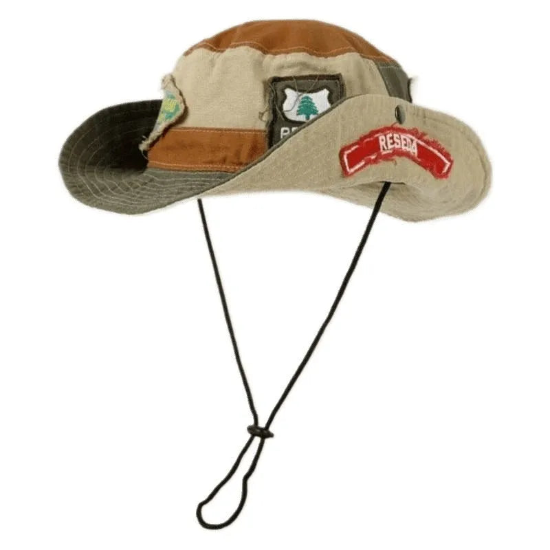 Army Green cotton fisherman hat with patchwork design and flat top crown.