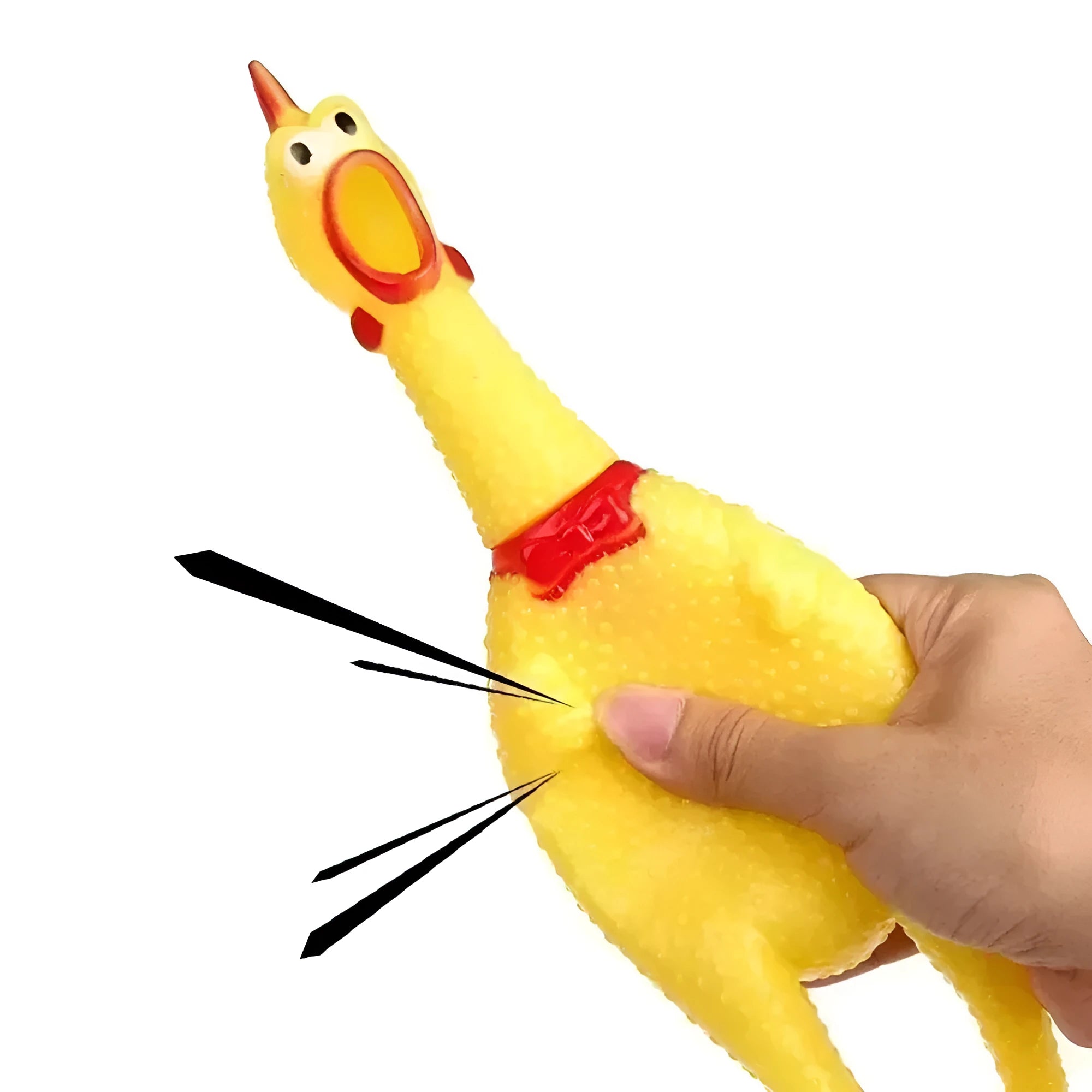 Yellow rubber screaming chicken dog squeak toy shown in three different sizes.