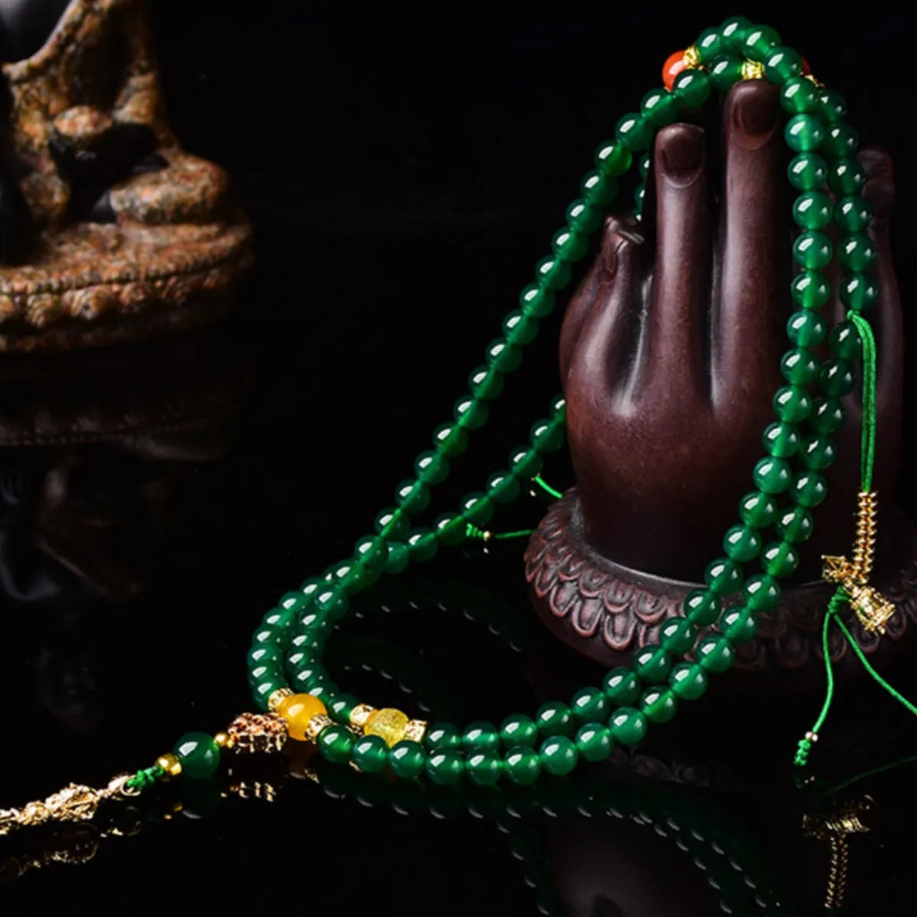 Natural green agate multi-circle bracelet on display showing 8mm bead size unisex design