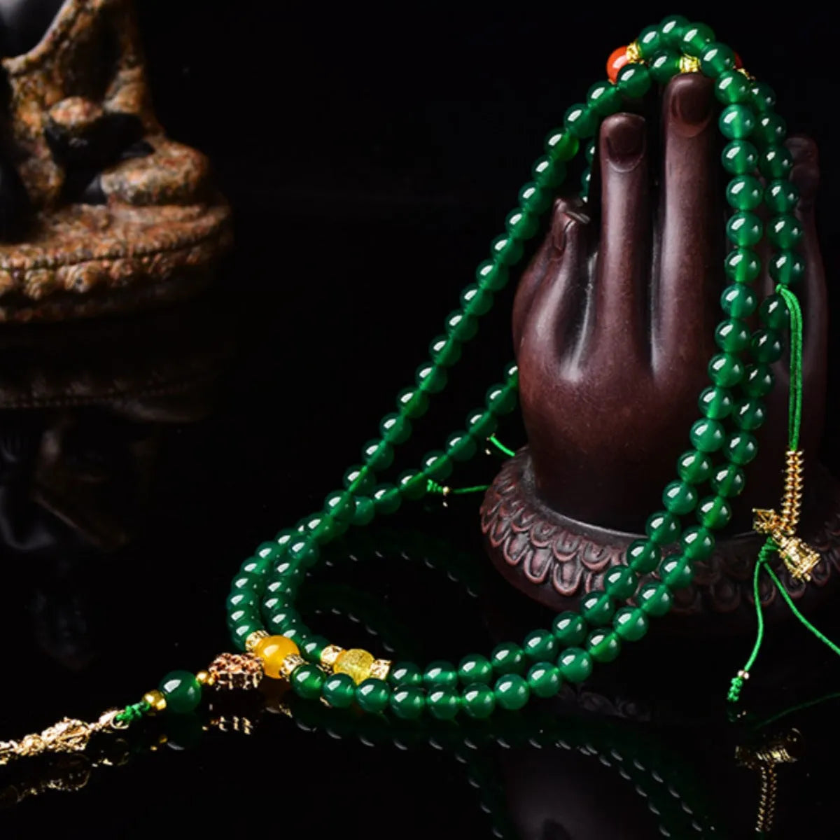 Natural green agate multi-circle bracelet on display showing 8mm bead size unisex design