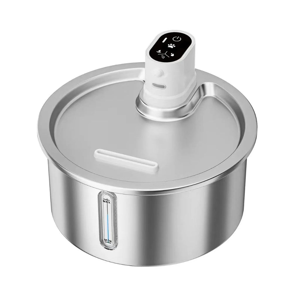 Stainless steel heated pet water fountain for cats and dogs in black or white