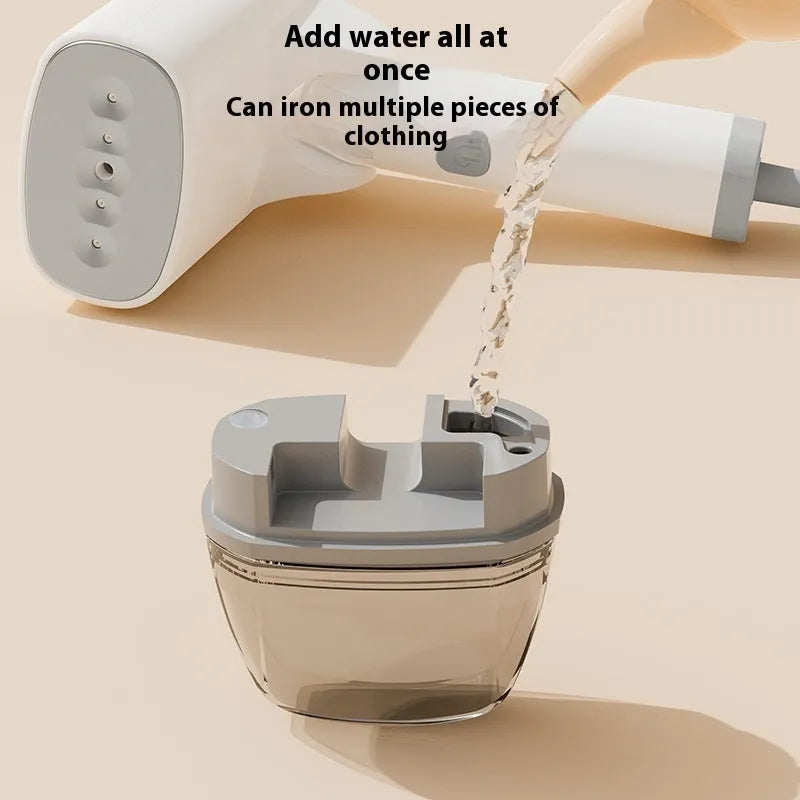 Blue and white handheld garment steamer with water tank and mechanical controls for wrinkle removal