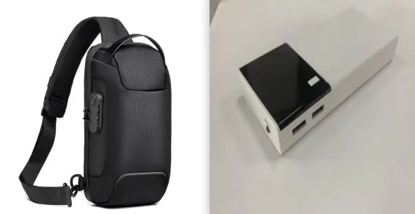 Black 20000mAh power bank showing compact 135x60x20mm dimensions with included charging cable