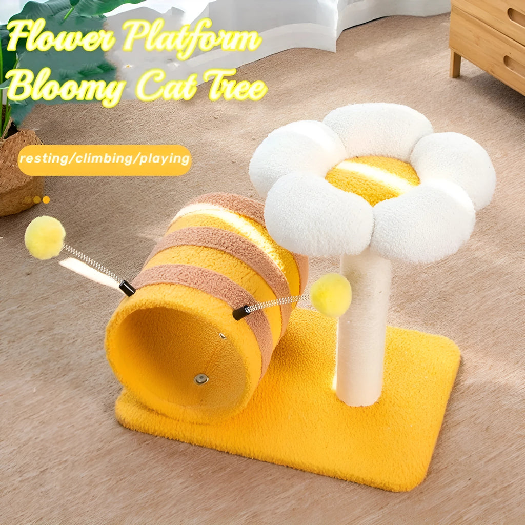 Yellow cat scratching post with sisal fibre surfaces, climbing frame and tunnel, dimensions 46cm x 36cm x 25cm