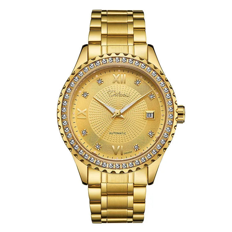 Men's automatic mechanical watch with luminous hands, waterproof design, gold case with black dial