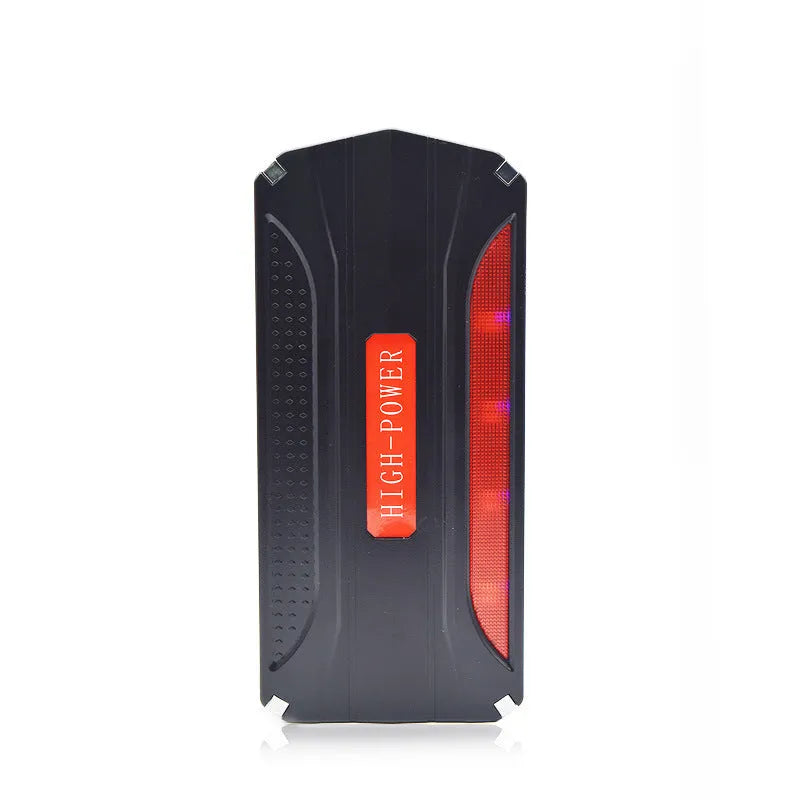 Black and red coloured 12V vehicle emergency jump starter power supply unit.
