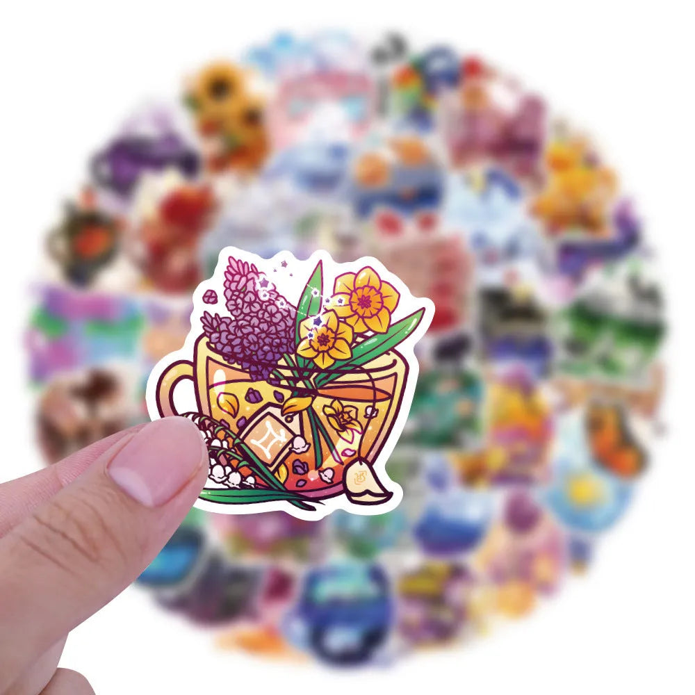 Set of 50 colourful tea cup waterproof stickers with graffiti design for scooter and luggage personalisation