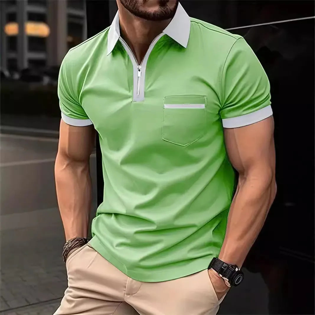 Men's loose fit casual short sleeve shirt with chest pocket in two-tone colour combination
