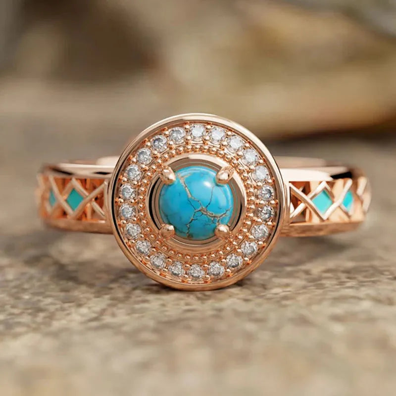 Women's geometric turquoise ring with rose gold plating and micro inlaid zircon stones