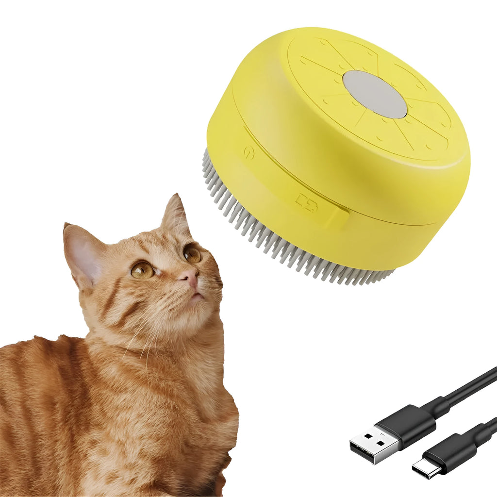 Green and yellow rechargeable silicone cat steam brush for grooming and massage.