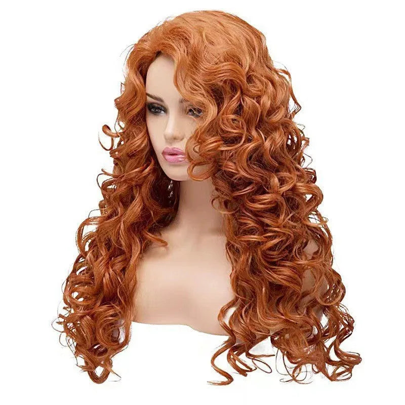 Brown long wavy curly synthetic wig with fluffy texture on a wig head.