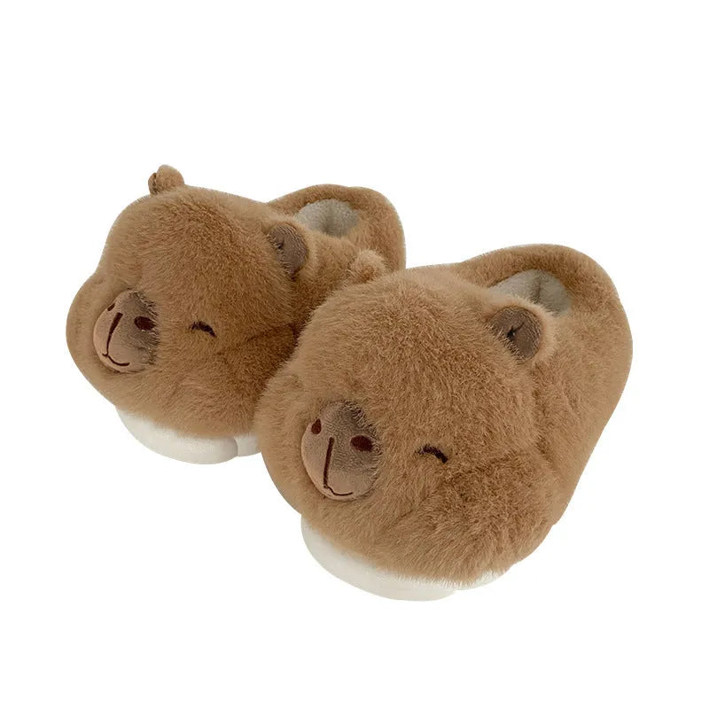 Women's winter bag heel slippers in light brown with plush upper and round toe, artificial wool lining visible inside