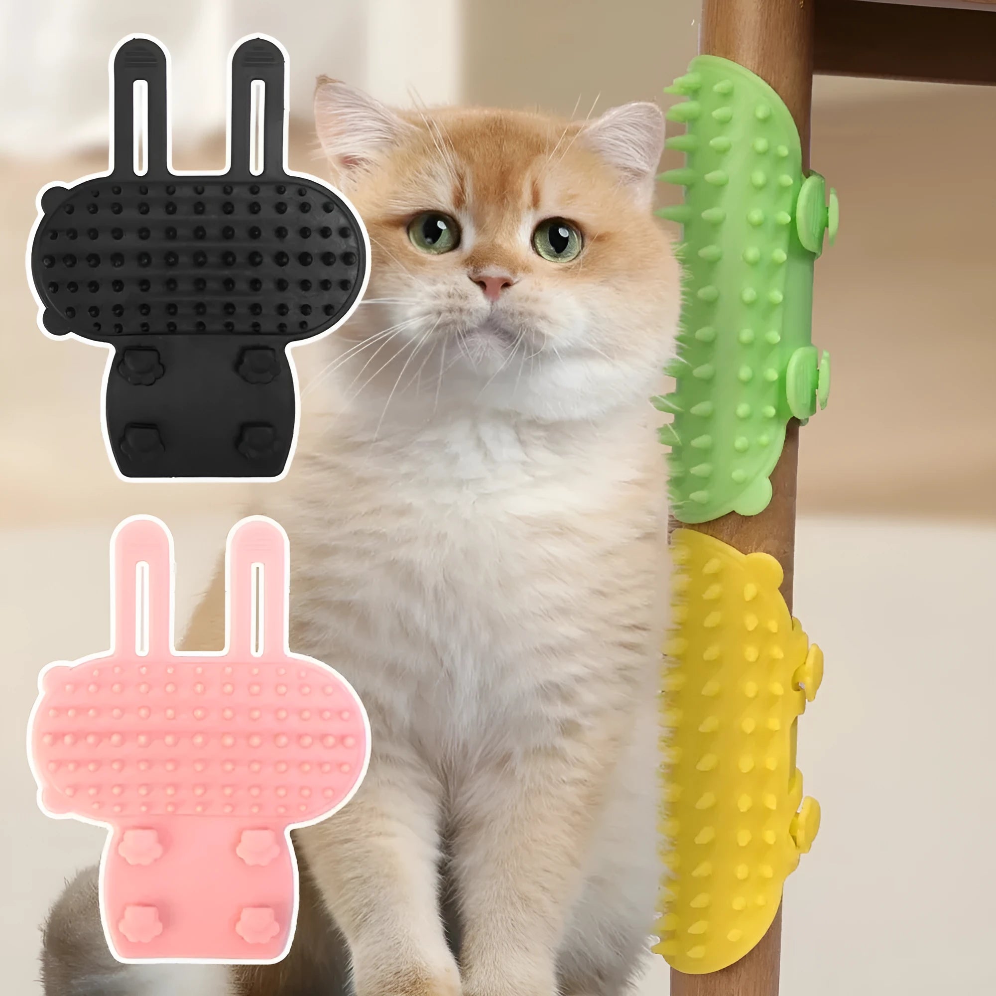 Silicone cat grooming comb with adjustable strap mounted on a table leg
