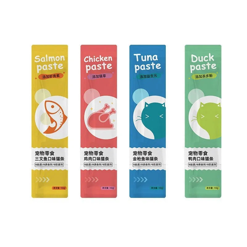 Pack of 10 cat strip snacks for kittens in childhood stage with four flavour options