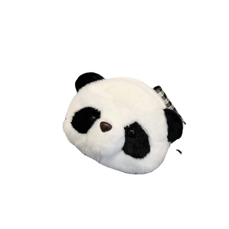 Plush panda head design cylindrical crossbody bag measuring 18cm wide