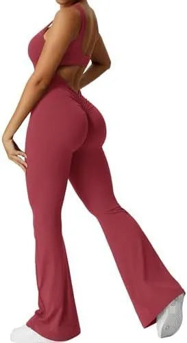 Women's sleeveless flare jumpsuit for yoga in polyester with high elasticity and fashionable waist